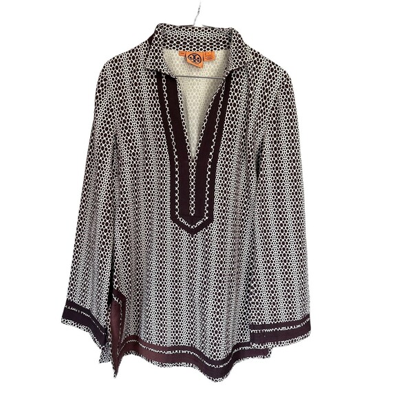 Tory Burch Brown White Honeycomb V Neck Size 6 - Picture 2 of 6